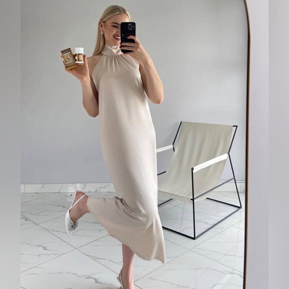ZARA SATIN EFFECT HALTER DRESS ECRU